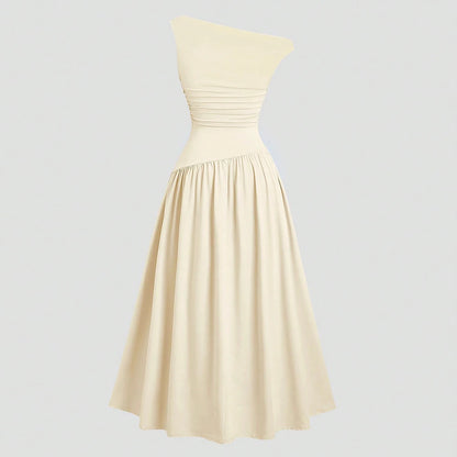 Mia Muse Kleider Sommer Französisch Einfarbig Asymmetrische Falten Ärmellose One-Shoulder Drapierte Midi Basics Kleider Für Frauen.