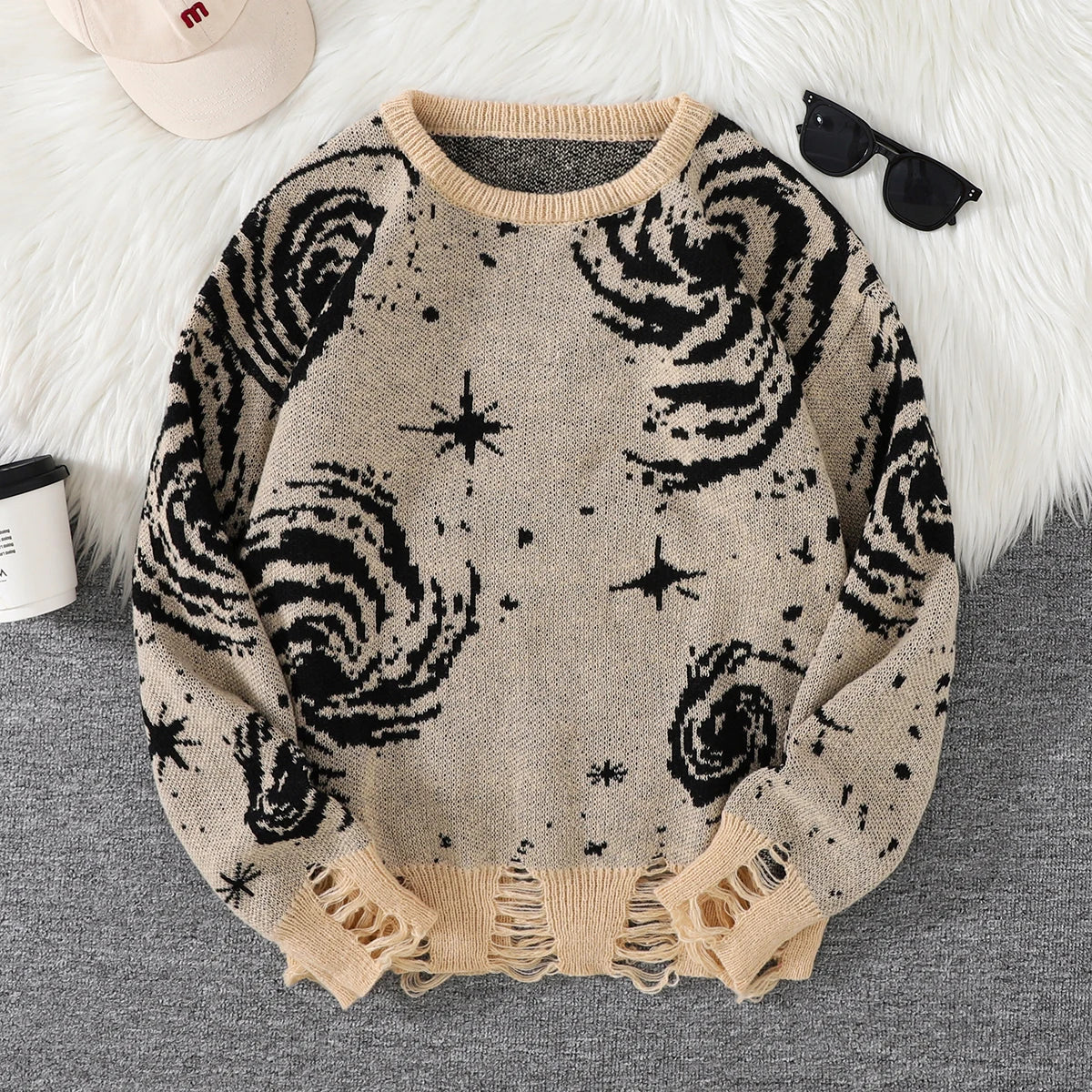 New Popular Street Ripped Abstract Starry Sky Pattern Pullover Ripped Sweater Casual Round Neck Knitted Men's Pullover