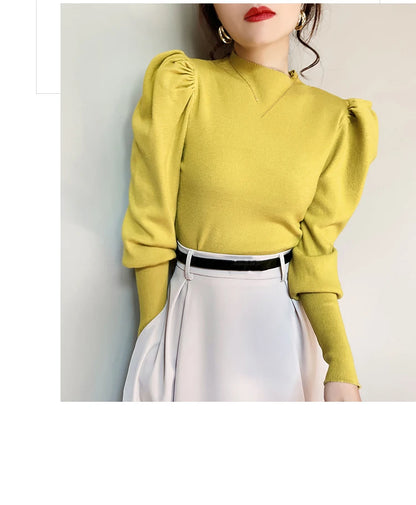 Herbst Winter Pullover Rollkragen Slim Fit Grundlegende Pullover Mode Koreanische Stricken Tops Puff Sleeve Damen Pullover Stretch Jumper.