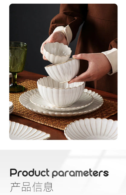 Nordic Household White Bowls Dinner Plates Ceramic White Glaze Tableware Set Western Steak Dish Salad Bowl Vegetable Fish Plate.
