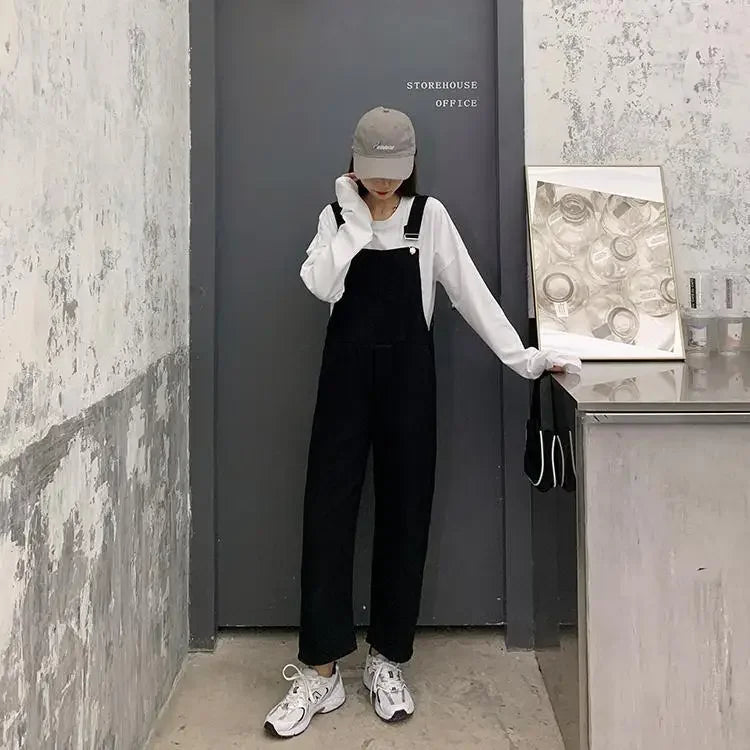 Jumpsuits Women Solid Retro Japanese Style Streetwear Denim Suspenders Trousers Harajuku Stylish Hip Hop Straight Overalls Teens