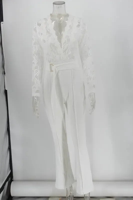 White Lace Jumpsuit Women Sexy V Neck Lace-up Stitching Long Sleeve Wide Leg Long Pants Office Lady Romper Overalls Jumpsuits.