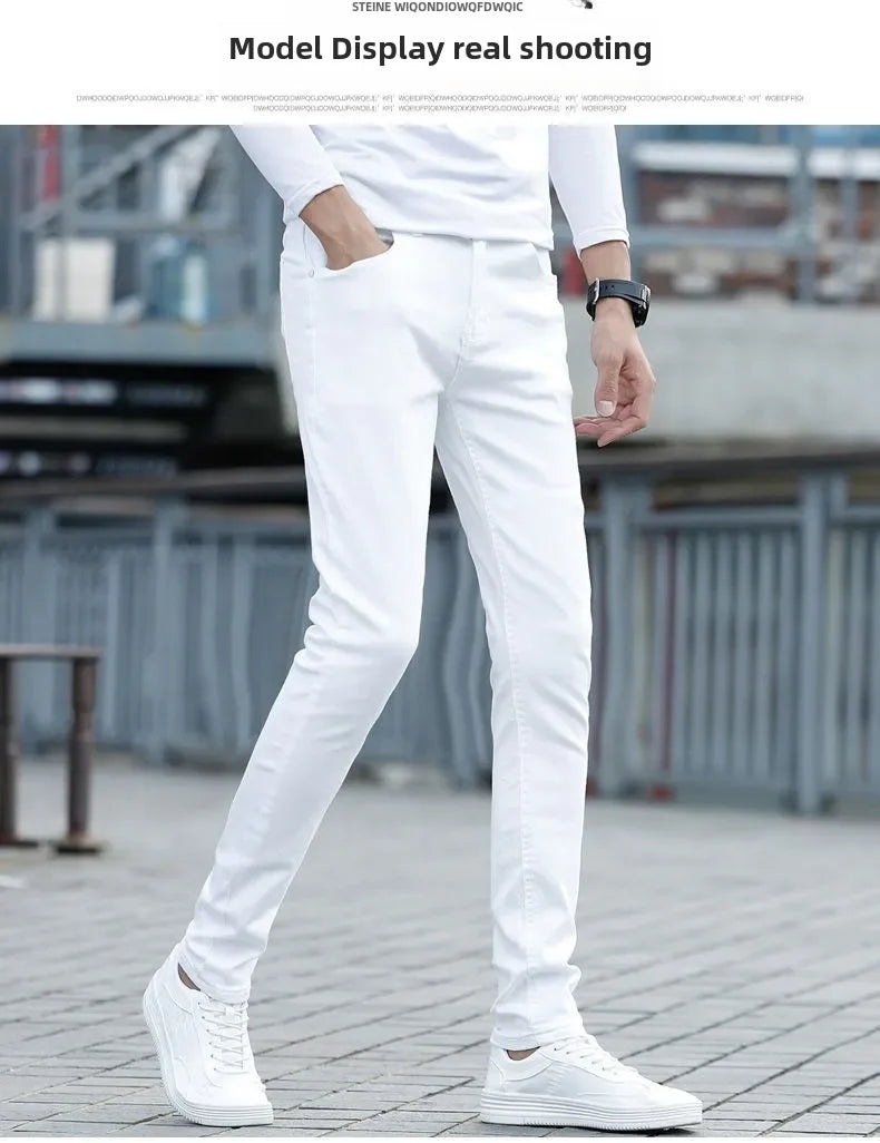 Pure White Jeans Men's Elastic Korean Style Slim Fit Youth Slimming Straight Leg Business Casual Middle Age High End Pants.