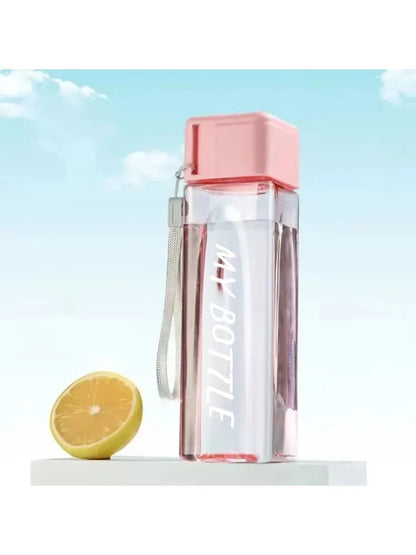 1 Pcs Clear Square Drinking Glass in Mate Plastic Portable Water Bottle with Milk Cable for Outdoor Sports.