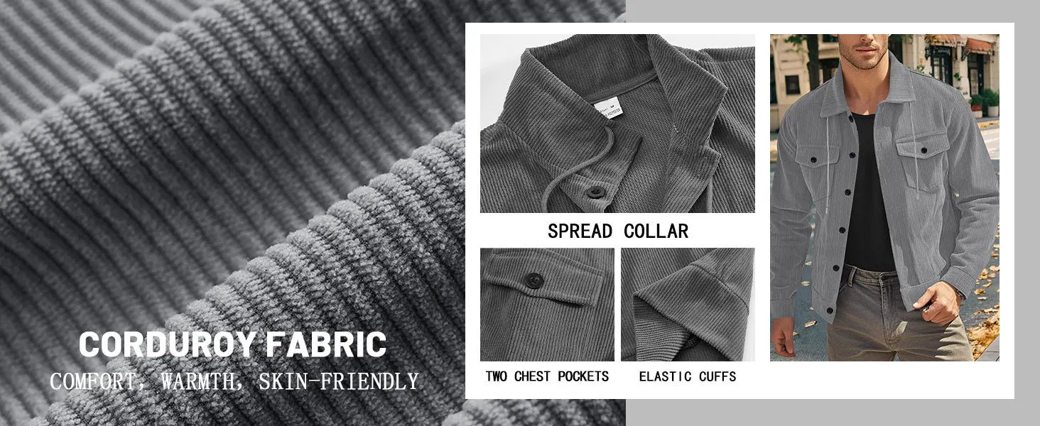 Men's Corduroy Jacket Stand-up Collar Slim Fit Retro Multi-pocket Workwear Commuter Coat for Spring And Autumn.