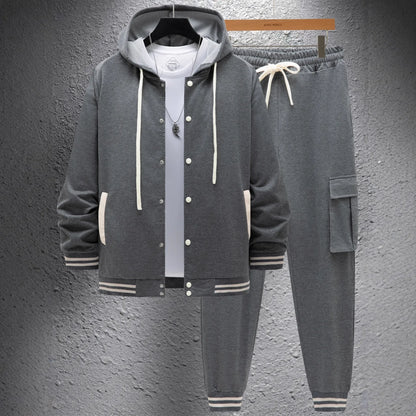 New autumn and winter men's large twill hooded baseball jacket and hoodie open cardigan long-sleeved work pants set.