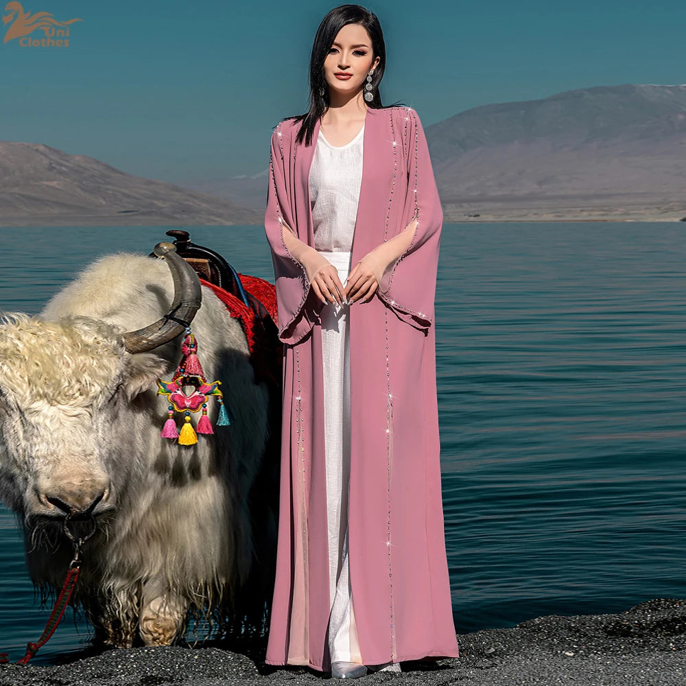 Eid Diamonds Abayas for Women 2025 Fashion Muslim Dress Dubai Open Abaya Kebaya Kimono Jalabiya Caftan Marocain Femme Robe Gown.