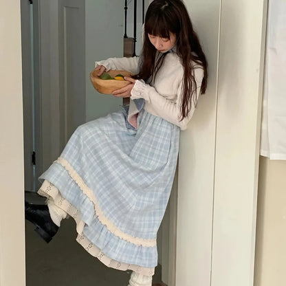 Japanese Sweet Long Skirt Women Fall Winter Blue Plaid Vintage Preppy Patchwork Skirts High Waist A Line Loose Casual Cute Skirt.