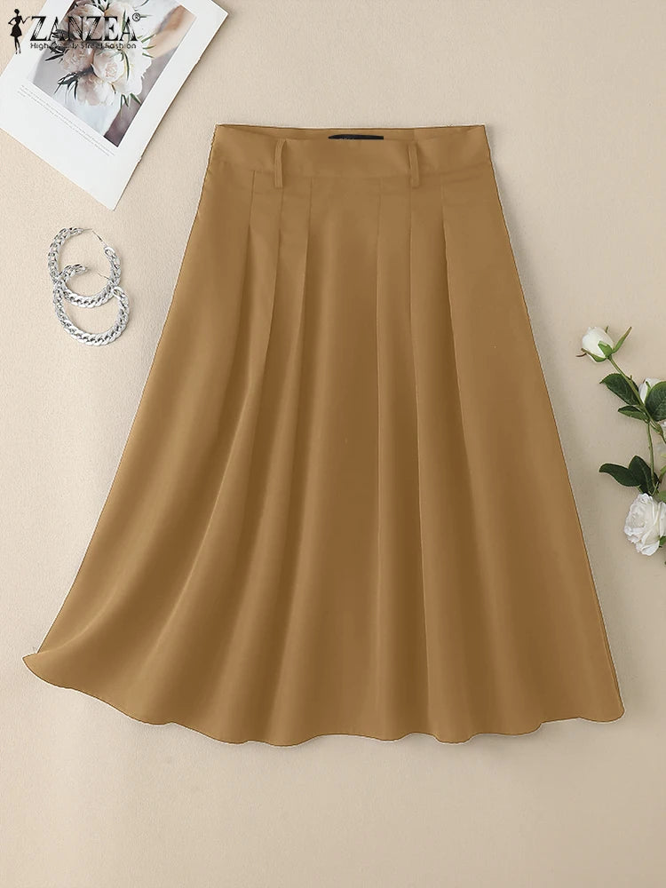 ZANZEA Summer Solid Midi Skirt Elegant Women High Waist Work OL Skirts Fashion A-line Jupes Stylish Party Faldas Saia  Plus Size.