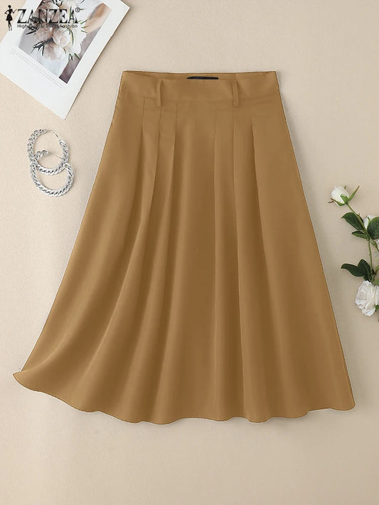 ZANZEA Summer Solid Midi Skirt Elegant Women High Waist Work OL Skirts Fashion A-line Jupes Stylish Party Faldas Saia  Plus Size.
