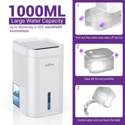 LOEFME 1.0L Air Dehumidifier Portable Silent Home Air Dryer Absorbers Machine with LED for Mould Moisture Damp Large Water Tank.