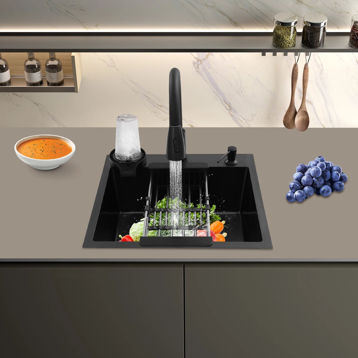 Multifunktionales Küchenspülbecken aus Edelstahl, rechteckiges schwarzes Küchenspülbecken mit ausziehbarem Wasserhahn und 300 ml Seifenspender