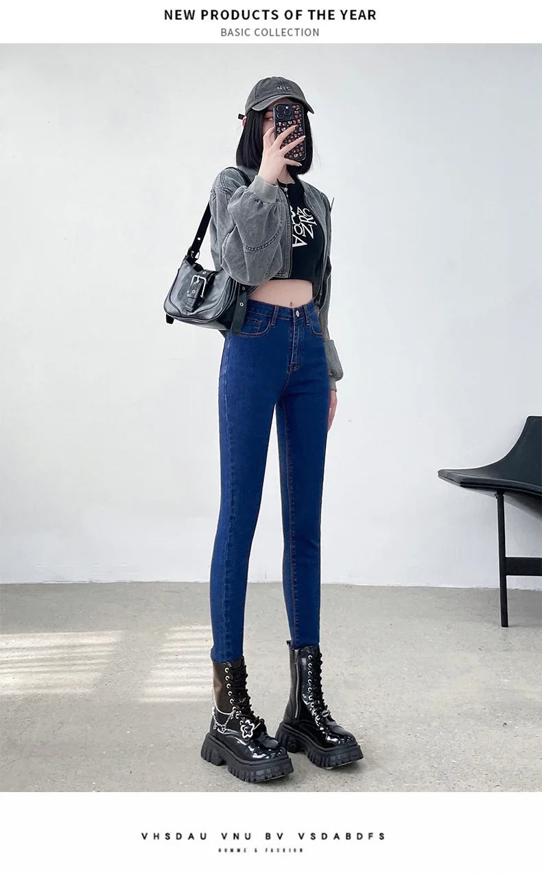 Spring and Summer Women's Casual Office Tight Solid Color Jeans Stretch Sexy Fashionable Classic Slim Fit Denim Pants Female.