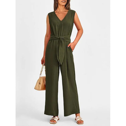 Summer High Waist Lace-up Jumpsuits Women 2025 New Sleeveless V-neck Side Pocket Solid Casual Jumpsuit Office Ladies Rompers