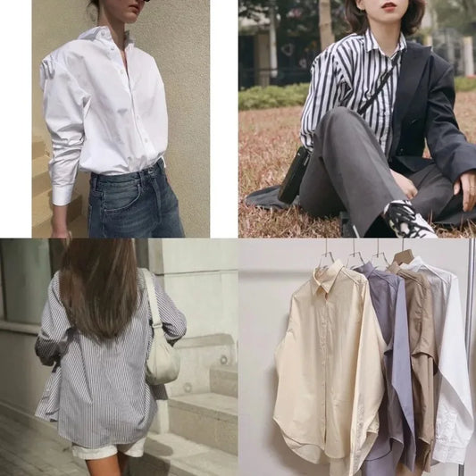LUXURY Women's Vertical Striped Shirt, Short Front and Back, Short, Vertical Striped Shirt, Loose Long Sleeve, Commuter Style.