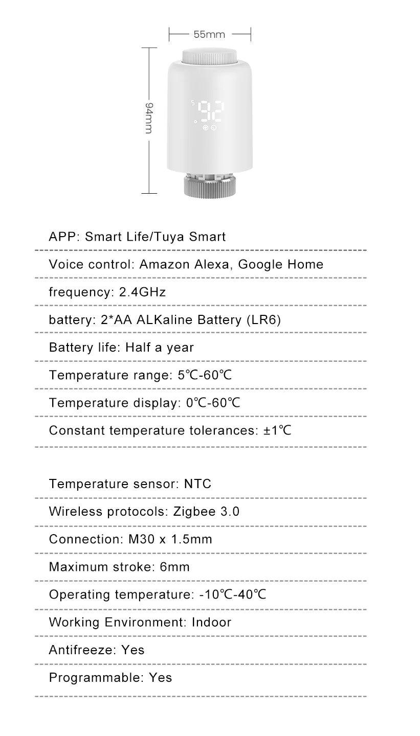 Tuya ZigBee Thermostat Radiator Actuator,Smart TRV Thermostatic Valve Temperature Controller Support Alexa Google Home