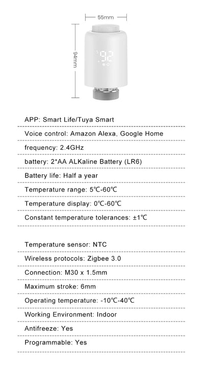 Tuya ZigBee Thermostat Radiator Actuator,Smart TRV Thermostatic Valve Temperature Controller Support Alexa Google Home