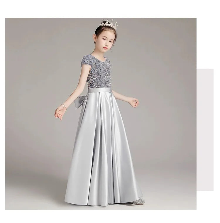 Mädchen-Klavierkleid, graues Pailletten-langes Performance-Kleid, Prinzessinnenkleid, Kinder-Host-Show-Performance-Kleid, Sommer.