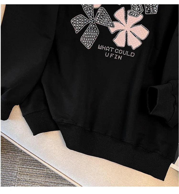 170 kg Plus Size Damen-Büste 170 Frühling Herbst Loose Diamond Collared Sweatshirt Schwarz 4XL 5XL 6XL 7XL 8XL 9XL.