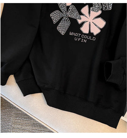 170 kg Plus Size Damen-Büste 170 Frühling Herbst Loose Diamond Collared Sweatshirt Schwarz 4XL 5XL 6XL 7XL 8XL 9XL.