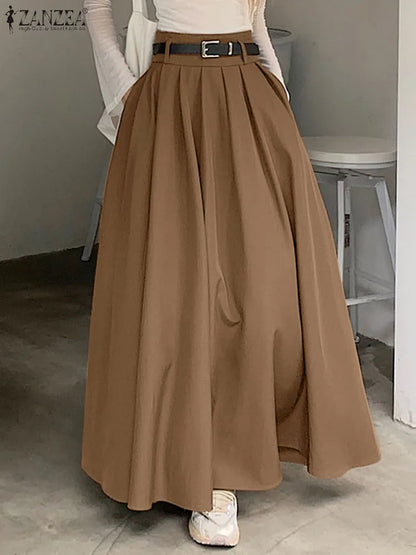 ZANZEA Women High Waist Jupe 2025 Autumn Vintage Office Falda Korean Fashion Pleating Swing Skirt Holiday Loose Solid Maxi Skirt