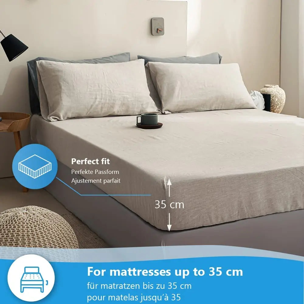 Pure Linen Fitted Sheet 35cm Deep Pocket Bed Mattress Cover Solid Color Non-slip Fixed Sheet Cover Dust Protective Bedspread.