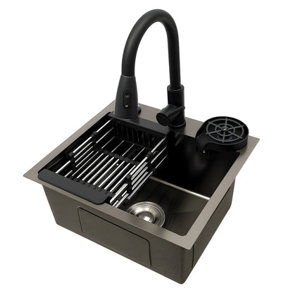 Modernes Küchenspüle, Schwarz, mit ausziehbarem Wasserhahn, Tassenspüler, Abflusskorb, Seifenspender, 201 Edelstahl, multifunktionales Spülbecken