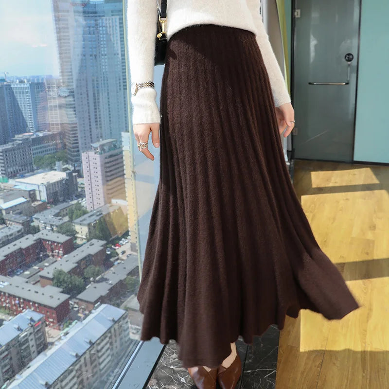 Autumn And Winter Fashion Mink Cashmere Mid Length High Waist Skirt For Women, Knitted Umbrella Skirt, Fashionable Pleated Skirt