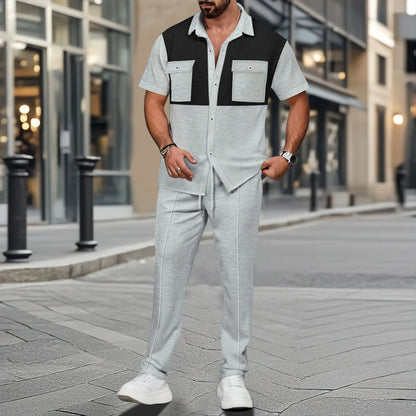 2025 Summer New Men Light Ripe Casual solid Color Button Pocket Fashion Waffle trend Shirt Short-Sleeved Trousers Two-piece Set.