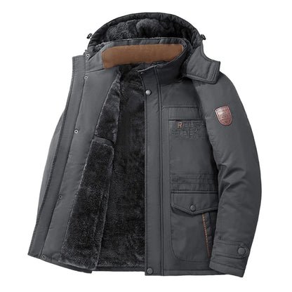 New Autumn/Winter Men's Fleece-Lined Thickened Cotton Coat Casual Vintage Workwear Jacket with Detachable Hood Multiple Pockets