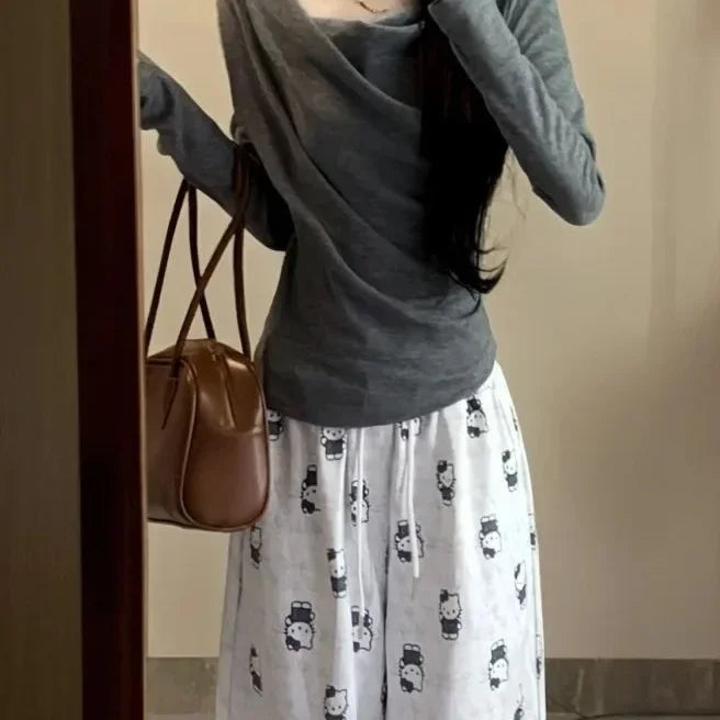 Sweet Crew Neck Irregular Long Sleeve Women's T-shirt Slimming Waist Design Base Layer Fashionable Bottoming Top.