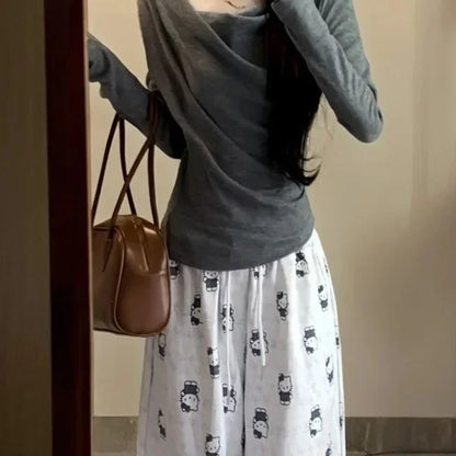 Sweet Crew Neck Irregular Long Sleeve Women's T-shirt Slimming Waist Design Base Layer Fashionable Bottoming Top.