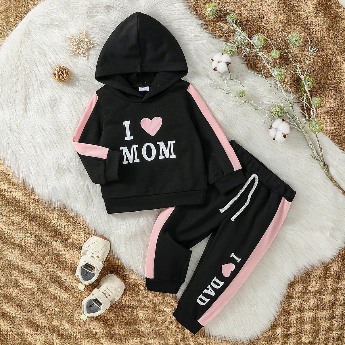 2-Piece Set Baby Girl Fall Casual Black Printed Letter &Heart Pure Color Long-Sleeved Hooded Sweatshirt &Pants Suit Clothes.