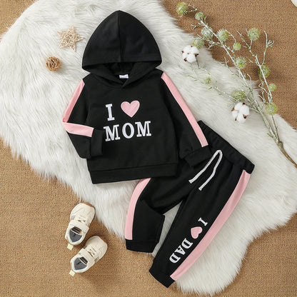 2-Piece Set Baby Girl Fall Casual Black Printed Letter &Heart Pure Color Long-Sleeved Hooded Sweatshirt &Pants Suit Clothes.