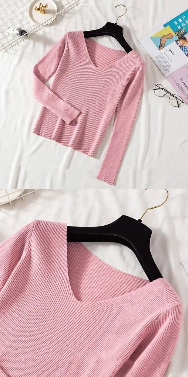 2025 mode V-ausschnitt Elastische Grundlegende Top Neue Frauen Pullover Herbst Winter Langarm Pullover Weibliche Winter Solide Strick Jumper.