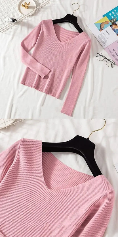 2025 mode V-ausschnitt Elastische Grundlegende Top Neue Frauen Pullover Herbst Winter Langarm Pullover Weibliche Winter Solide Strick Jumper.