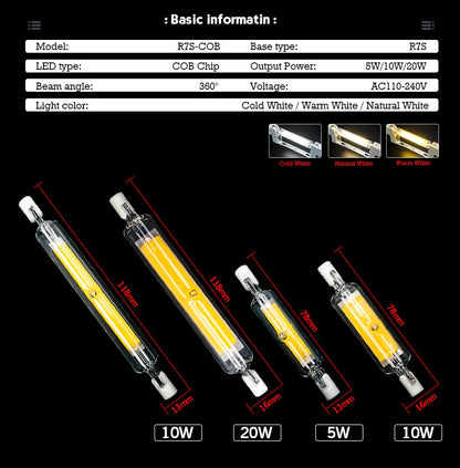 LED R7S Glass Tube COB Bulb 5W 10W 20W High Power R7s Corn Lamp 78mm 118mm J78 J118 Replace Halogen Light AC 220V 110V Lampadas.