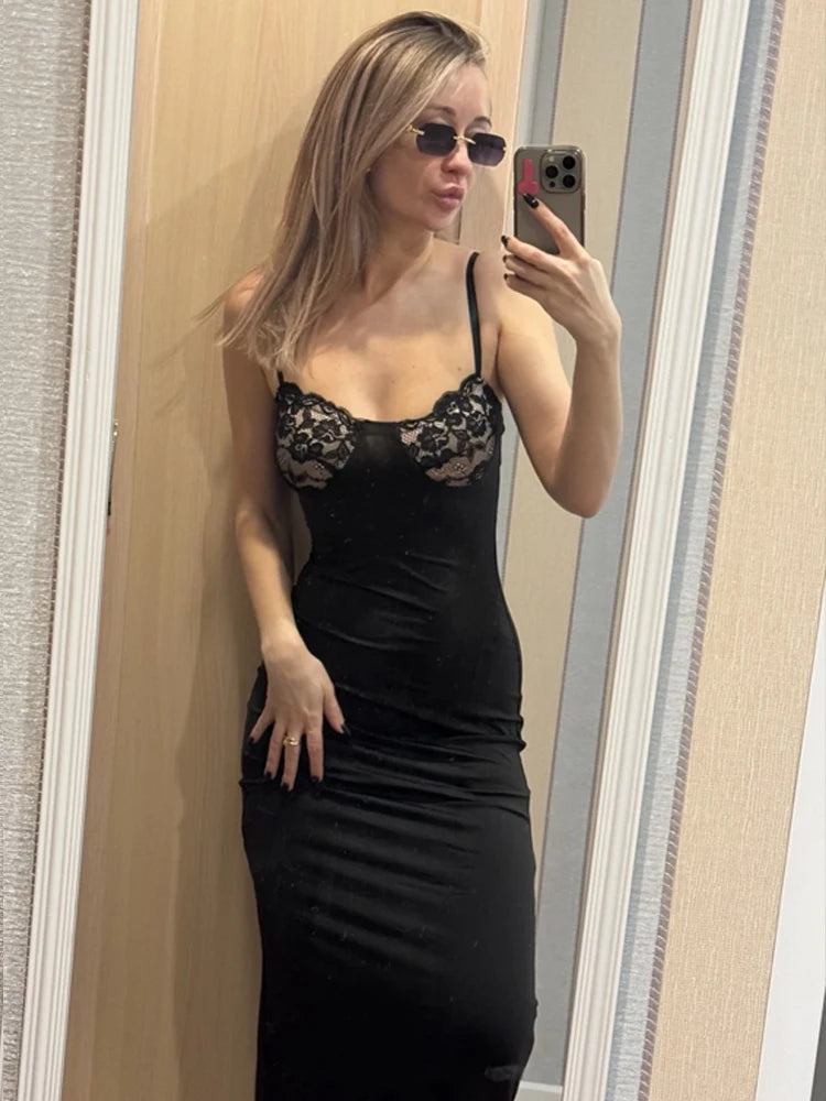 Seltsame Puss sexy Camis Kleid Frauen dünne Patchwork Brust Sommer elegante dünne elastische Stretch Maxi Bodycon Clubwear Vestidos.