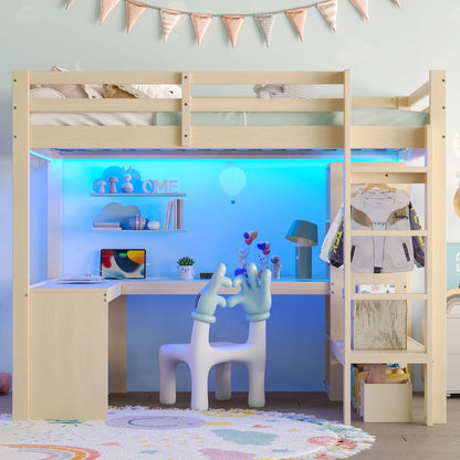 Modernes Kinder-Hochbett 140 x 200 mit Multifunktionsregalen, Unterbett-Schreibtisch, LED-Licht und USB, Kleiderschrank mit Stauraum, für Schlafzimmer