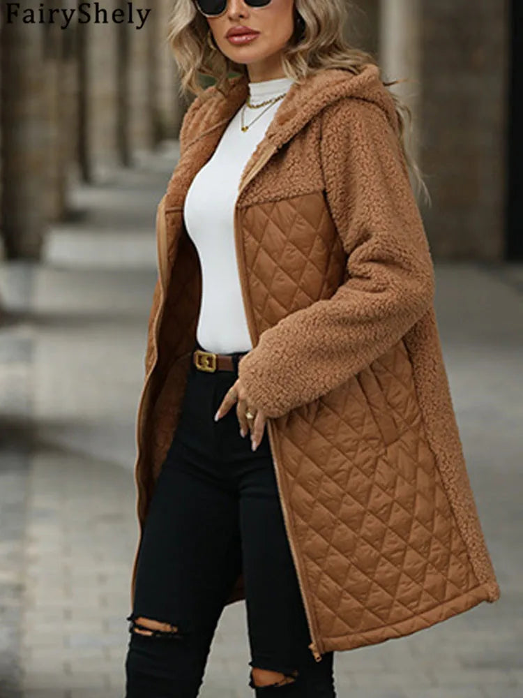 FairyShely 2025 Winter Solide Frauen Jacke Dicken Plüsch Mit Kapuze Warme Lange Hülse Langen Mantel Weiche Zipper Patchwork Strickjacke Dame Mantel.