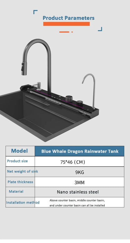 Blue Whale Dragon Rain Digital Display Large Single Sink Faucet with Integrated Multifunctional Atmosphere Light