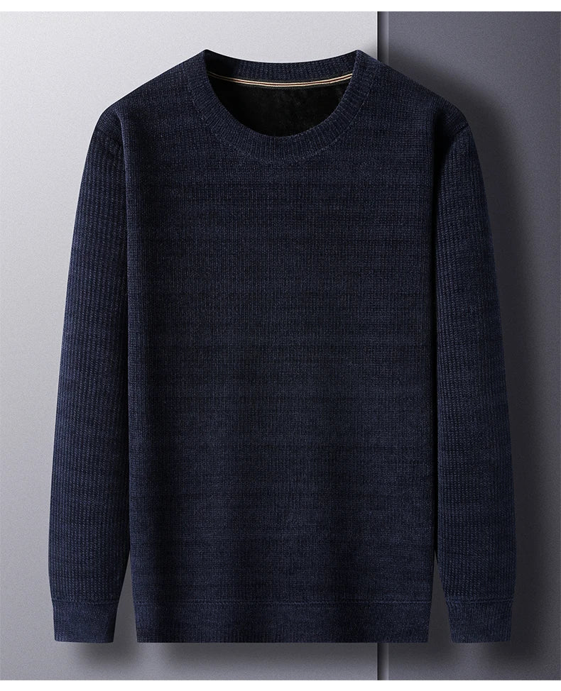 Fleece-Lined Knitted Pullover Sweater Casual Jumper for Men Insulated Warm Long Sleeve Thick Material Round Neck Design.