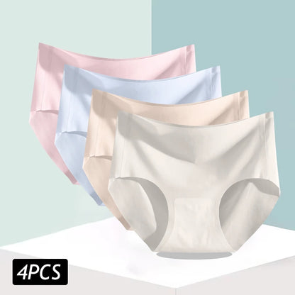 4PCS/Set Women's Ice Silk Seamless Panties Ultra Thin Briefs Breathable Underwear Female High Waist Intimates Lingerie Plus Size