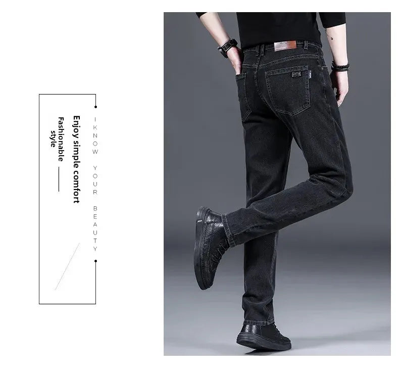 Loose Casual Jeans for Men Mid-aged Thick Winter Long Pants Business Style Straight Leg Spring Autumn Korean Version
