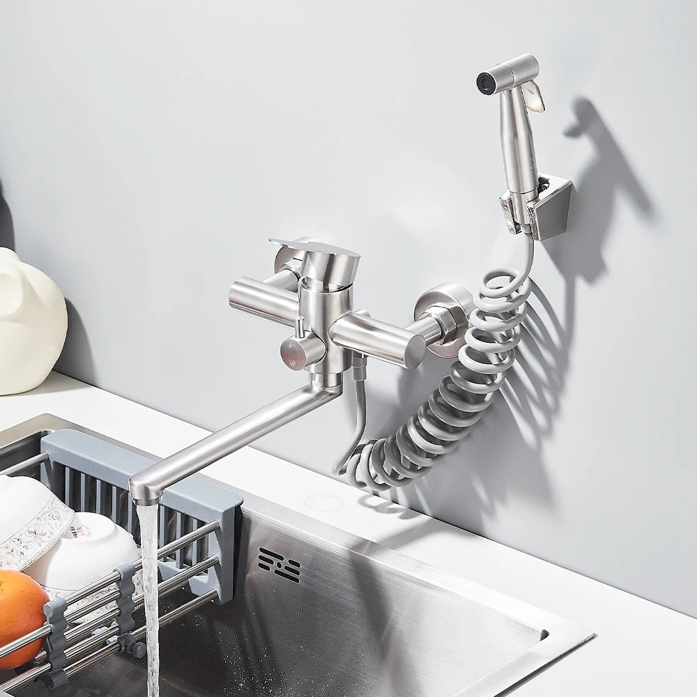 Kitchen Faucets Stainless Steel Wall Mounted Multifunctional Bathroom Basin Faucet Hot Cold  Water Mixer Taps With Spray Gun