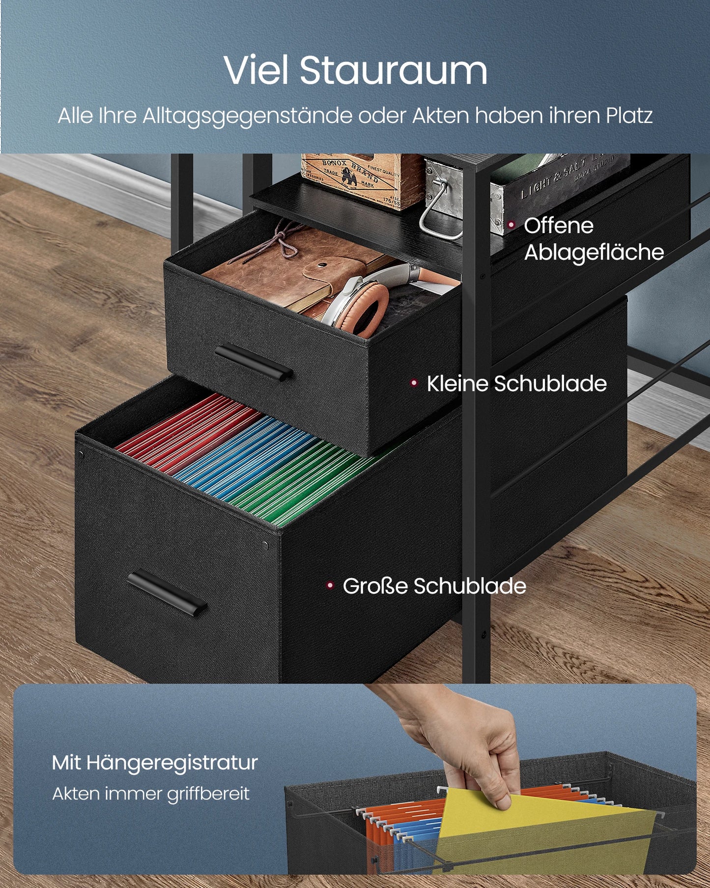 VASAGLE Schreibtisch mit Schubladen, Computertisch mit Monitorständer, LED-Beleuchtung, 55 x 135 x 90 cm, eingebaute Steckdosen