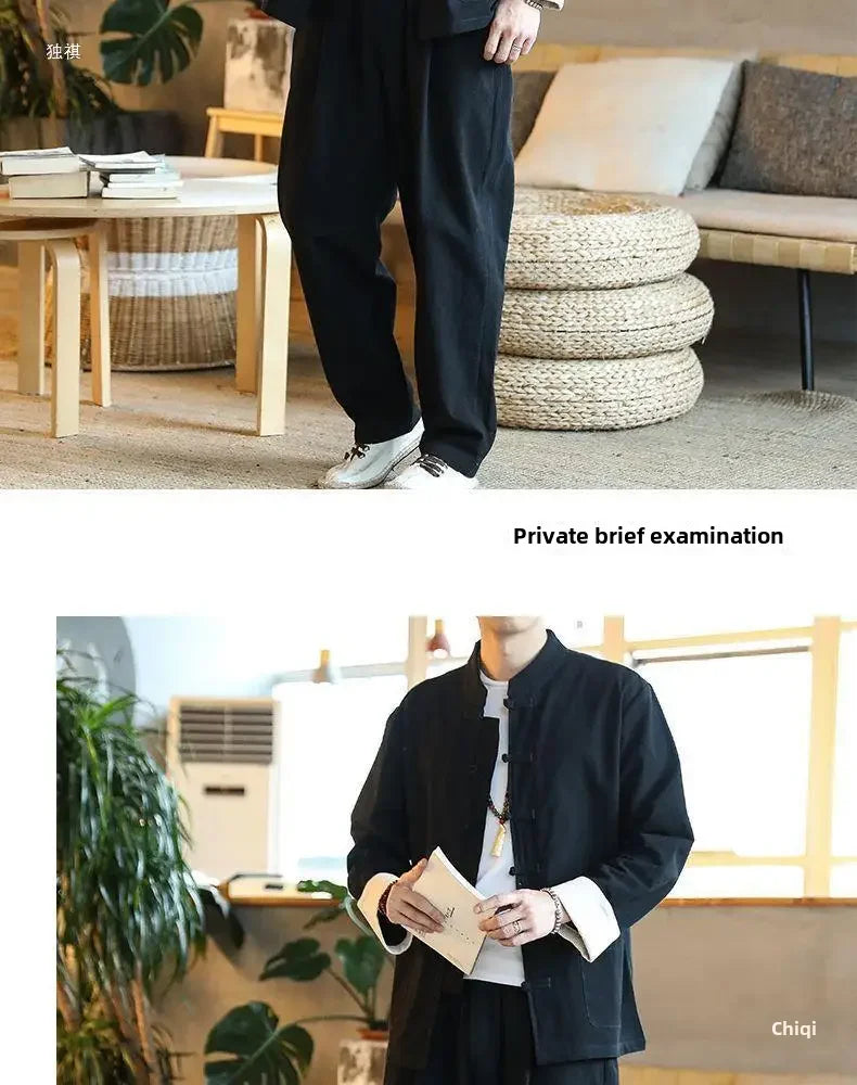 Traditional Chinese Men's Tang Suit Cotton Linen Ancient Costume Tea Servant Zen Meditation Clothing Middle Mountain Hanfu.
