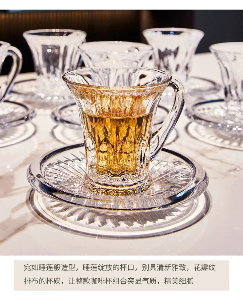 Crystal Glass Cappuccino Hot Drink Coffee Cup Simplicity Household Creative Transparent Flower Tea Hot Drink Cup and Saucer Set.