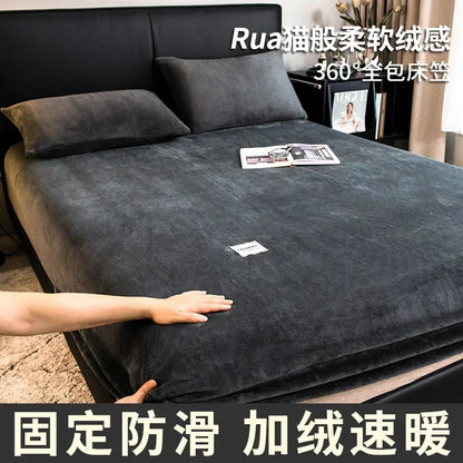 Warm Plush Fitted Sheet Elastic Mattress Cover Fluffy Velvet Fleece Bed Linen Couple Thermal Double Bed Not Included Pillowcase