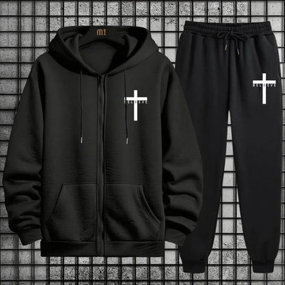 Cross of Christ Mens Hip Hop Tracksuit Set 2025 New 2 Piece Outfit Zipper Hoodie Joggers Urban Streetwear Autumn Winter Fashion.